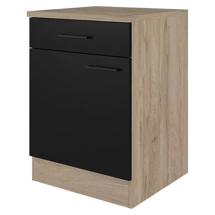 Flex-Well Küchen-Unterschrank Capri - L x B x H: 60 x 60 x 85 cm, Schwarz/Braun - Kleiner Schrank in heller Holzoptik mit schwarzen Schubladen- und Türfronten, schwarzen Griffen.