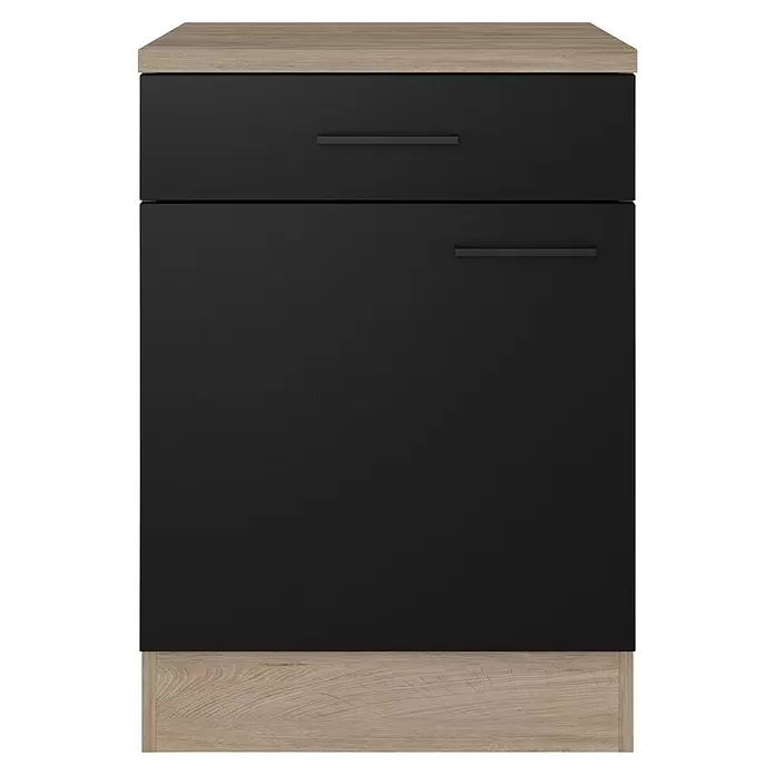 Flex-Well Küchen-Unterschrank Capri - L x B x H: 60 x 60 x 85 cm, Schwarz/Braun - Schwarzer Schrank mit zwei Fronten und heller Holzplatte sowie Sockel.