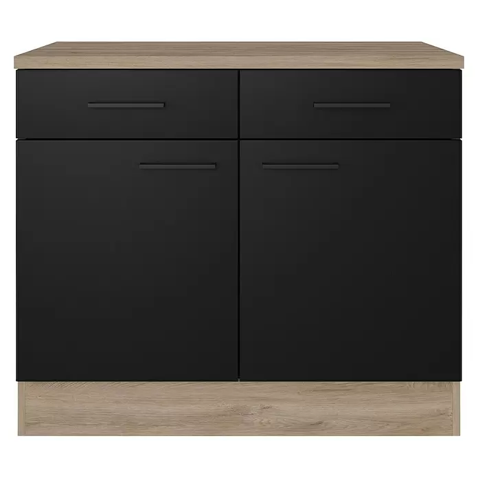 Flex-Well Küchen-Unterschrank Capri - L x B x H: 60 x 100 x 85 cm, Schwarz/Braun - Schwarze und helle Holzoptik Kommode mit zwei oberen Schubladen und zwei unteren Türen.