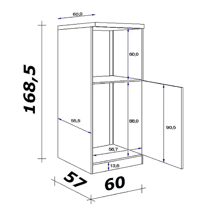 Flex-Well Tiago Demi-Geräteumbauschrank - B x T x H: 60 x 57 x 168,5 cm, Basaltgrau matt - Technische Zeichnung eines Schranks mit zwei Fächern und offener Tür, mit Gesamt- und Innenmaßen.
