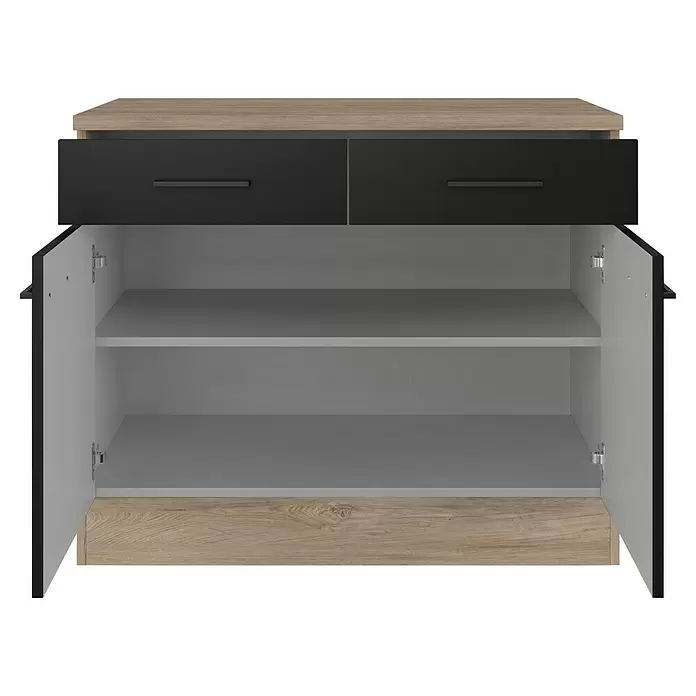 Flex-Well Küchen-Unterschrank Capri - L x B x H: 60 x 100 x 85 cm, Schwarz/Braun - Sideboard mit zwei Schubladen, zwei Türen, heller Holzoptik (oben/unten), schwarzen Schubladen und hellgrauen Innenböden.