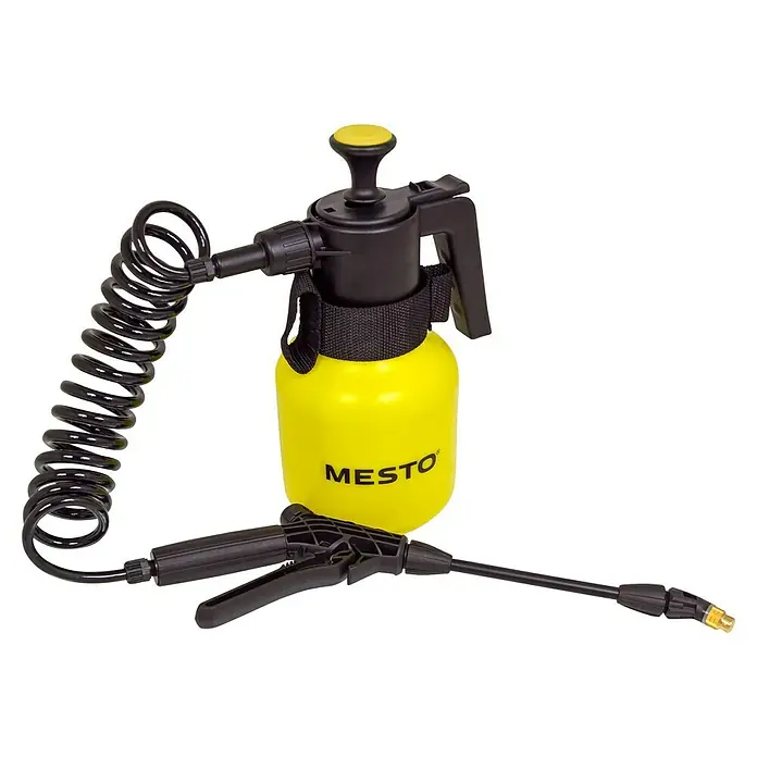 Mesto Drucksprühgerät Belt Held - Kunststoff - Gelbe Mesto Drucksprühflasche mit schwarzem Sprühkopf und Schlauch für Gartenarbeit und Pflanzenschutz.