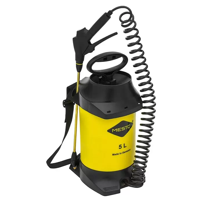 Mesto Drucksprühgerät Profi - 5 l - Gelb-schwarze Mesto 5L Drucksprühflasche mit Spiralschlauch, Sprühlanze und Schultergurt.