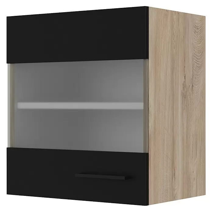 Flex-Well Glas-Hängeschrank Capri - 32 x 50 x 54,8 cm, Schwarz - Hängeschrank mit schwarzen Ober-/Unterseiten, Milchglastür und Seiten in heller Holzoptik. Mit schwarzem Griff.