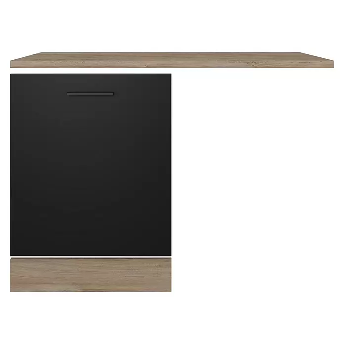 Flex-Well Geschirrspülerfront Capri - L x B x H: 60 x 110 x 85 cm, Schwarz - Dunkelgraue Schubladenfront mit horizontalem Griff, oben und unten von hellen Holzpaneelen flankiert.