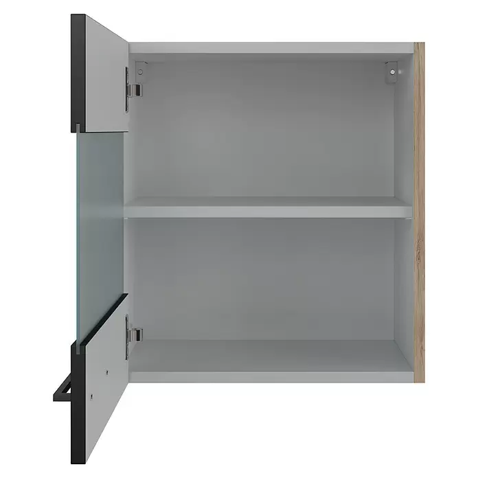 Flex-Well Glas-Hängeschrank Capri - 32 x 50 x 54,8 cm, Schwarz - Offener Wandschrank mit einem weißen Regal, grauem Inneren, holzfarbener Seite und einer Tür mit schwarzem Rand und Glaselement.