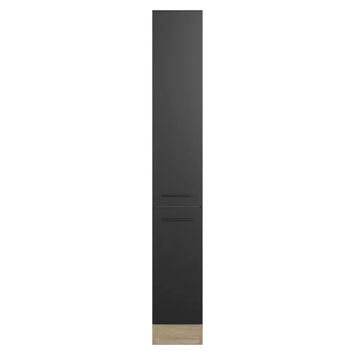 Flex-Well Apotheker-Hochschrank Capri - 57 x 30 x 200 cm, Schwarz - Dunkelgraue Gerätetür mit zwei horizontalen Griffmulden und hellem Holzsockel.