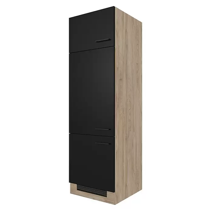 Flex-Well Geräteumbauschrank Capri - 57 x 60 x 200 cm, Schwarz - Hoher Mehrzweckschrank mit schwarzen Türen und hellem Holzdekorrahmen, mit linearen Griffen und Lüftungsgitter am Sockel.