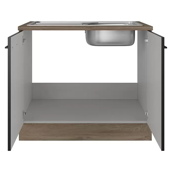 Flex-Well Spülenunterschrank Capri - 60 x 100 x 85 cm, Schwarz - Offener Spülunterschrank mit Edelstahlspüle, Holzeffekt-Platte/Boden und grauem Innenraum.