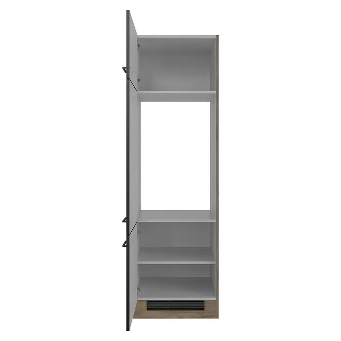Flex-Well Geräteumbauschrank Capri - 57 x 60 x 200 cm, Schwarz - Offener Hochschrank mit heller Holzoptik, weißen Einlegeböden, dunklen Türen und Lüftungsgitter.