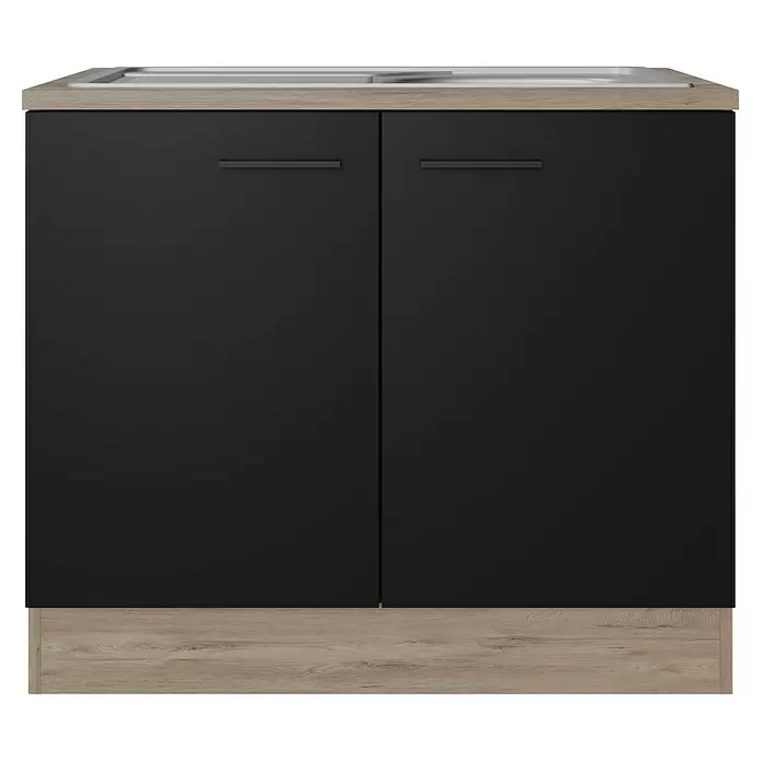 Flex-Well Spülenunterschrank Capri - 60 x 100 x 85 cm, Schwarz - Spülunterschrank mit zwei schwarzen Türen, heller Holzoptikplatte und Sockel.