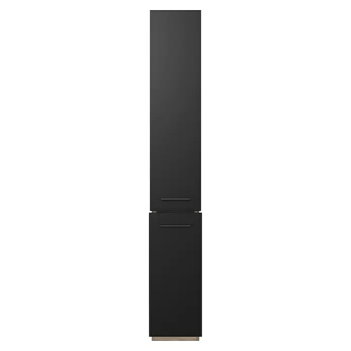 Flex-Well Apotheker-Hochschrank Capri - 57 x 30 x 200 cm, Schwarz - Dunkelgrauer Kühl-Gefrierschrank mit zwei integrierten Stangengriffen und hellem Holzsockel.