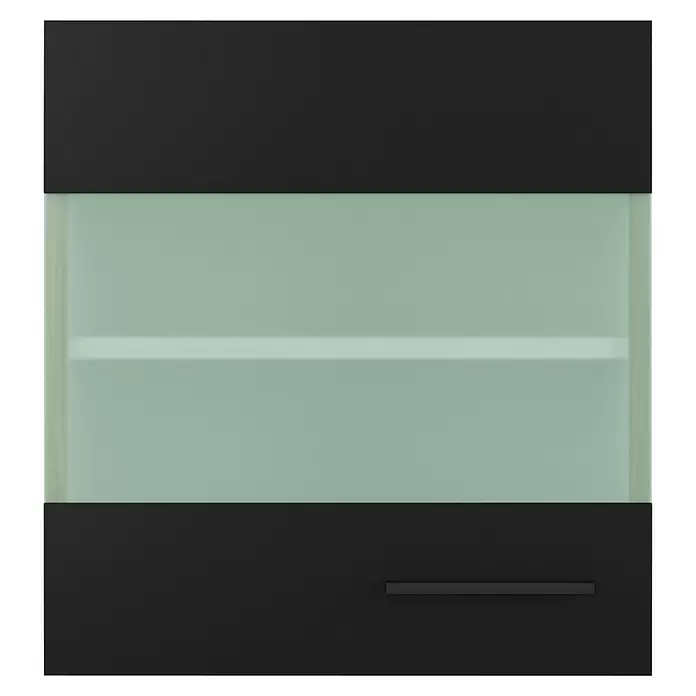 Flex-Well Glas-Hängeschrank Capri - 32 x 50 x 54,8 cm, Schwarz - Schwarze Schranktür mit Milchglasscheibe und horizontalem schwarzem Griff.