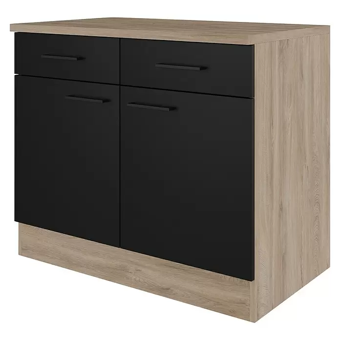 Flex-Well Küchen-Unterschrank Capri - L x B x H: 60 x 100 x 85 cm, Schwarz/Braun - Zweifarbiges Sideboard: heller Holzdekor-Korpus und Sockel, mit schwarzen Fronten für zwei Schubladen und zwei Schranktüren, mit schwarzen Griffen.