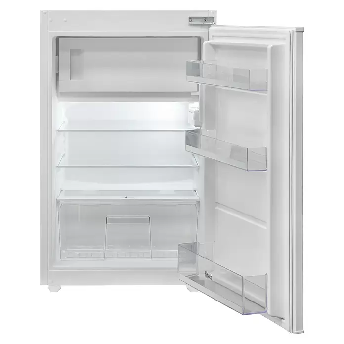 Flex-Well Singleküche Capri - Breite: 210 cm, Schwarz, Mit Elektrogeräten, Mit Mikrowelle - Offener weißer Kühlschrank mit leeren, transparenten Einlegeböden und Schubladen.