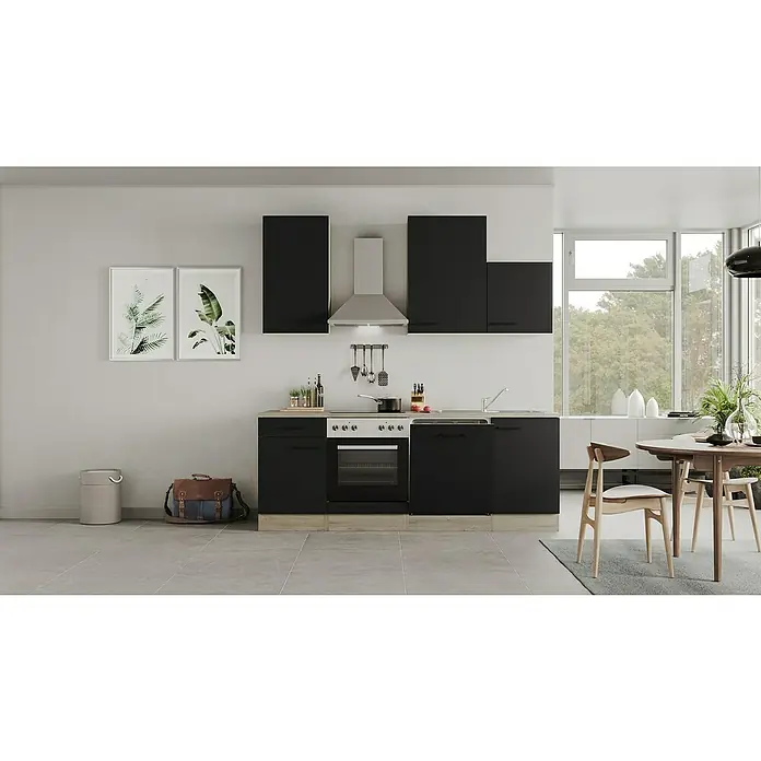Flex-Well Küchenzeile Capri Typ 2 - Breite: 220 cm, Schwarz, Mit Elektrogeräten, Farbe Dunstabzugshaube: Silber - Die moderne Küche in Schwarz und Grau bietet mit ihren schlichten Fronten und der Edelstahldunstabzugshaube ein elegantes Ambiente.
