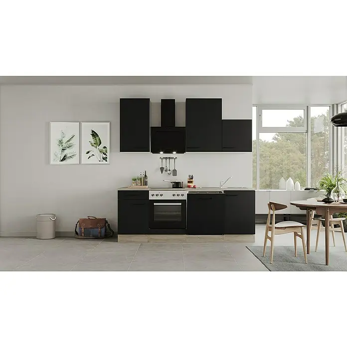 Flex-Well Küchenzeile Capri Typ 2 - Breite: 220 cm, Schwarz, Mit Elektrogeräten, Farbe Dunstabzugshaube: Schwarz - Helle Küche mit modernen schwarzen Küchenschränken, einem Herd und einem Esstisch mit Stühlen.