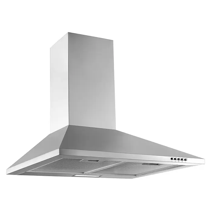 Flex-Well Küchenzeile Julia Typ 2 - Breite: 280 cm, Weiß, Mit Elektrogeräten - Silberne Dunstabzugshaube aus Edelstahl mit sichtbaren Bedienelementen und Metallgitterfiltern.