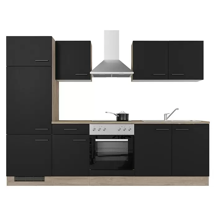 Flex-Well Küchenzeile Capri - Breite: 270 cm, Schwarz, Mit Elektrogeräten - Moderne Küchenzeile mit dunkelgrauen Schränken, hellen Holzakzenten und Edelstahlgeräten.