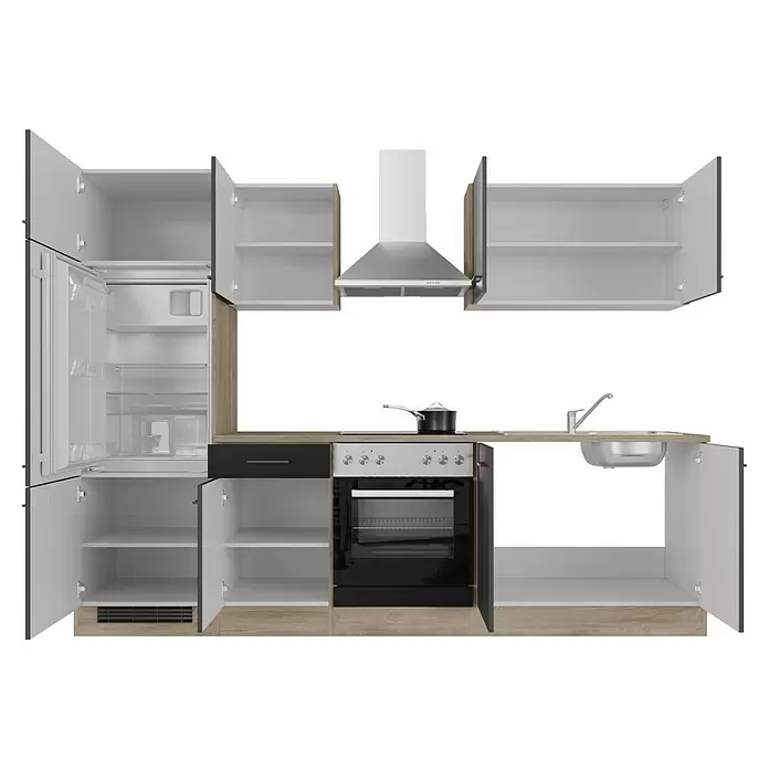Flex-Well Küchenzeile Capri - Breite: 270 cm, Schwarz, Mit Elektrogeräten - Modulare Küchenzeile in heller Holzoptik und Weiß, mit schwarzem Ofen/Schublade und Edelstahlspüle/Dunstabzugshaube, teilweise offene Schränke.