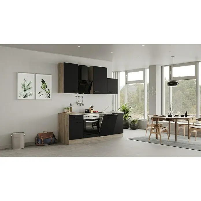 Flex-Well Küchenzeile Capri Typ 2 - Breite: 220 cm, Schwarz, Mit Elektrogeräten, Farbe Dunstabzugshaube: Schwarz - Moderne Küche in Schwarz und Holzoptik mit Hängeschränken, Spüle, Herd und Essbereich, der durch ein Fenster viel Tageslicht erhält.