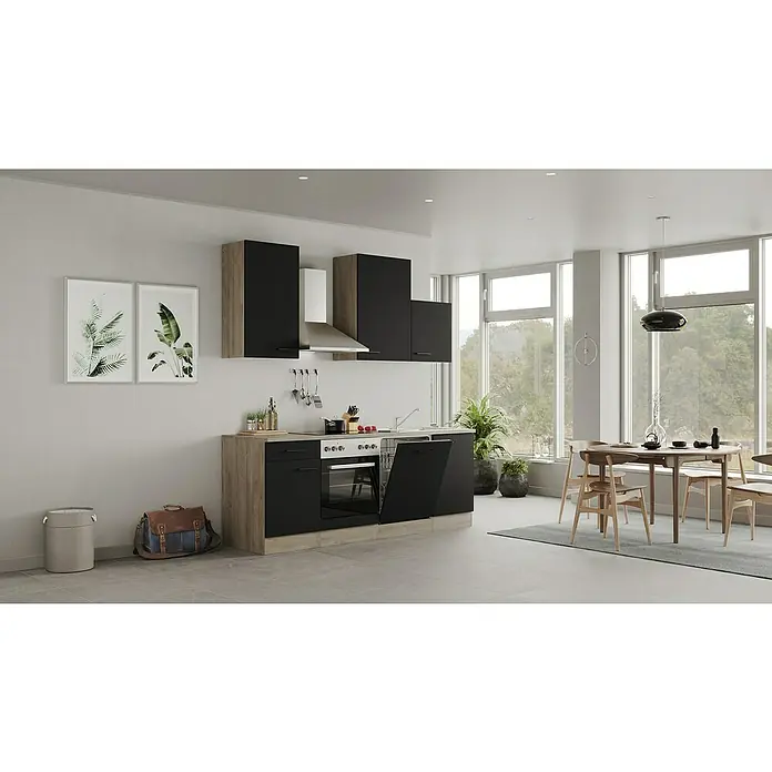 Flex-Well Küchenzeile Capri Typ 2 - Breite: 220 cm, Schwarz, Mit Elektrogeräten, Farbe Dunstabzugshaube: Silber - Helle und moderne Küche mit schwarzen Schränken und Holzakzenten, ergänzt durch einen Esstisch am Fenster.