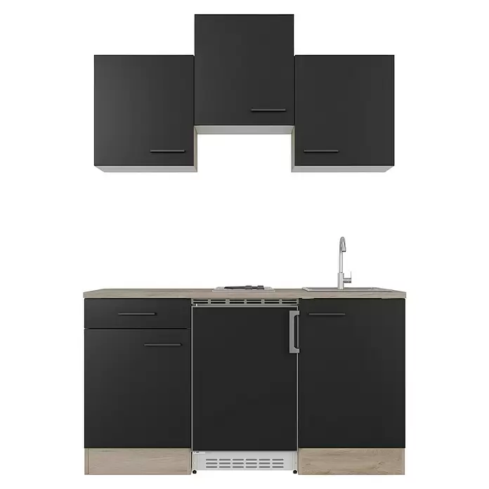 Flex-Well Singleküche Capri - Breite: 150 cm, Schwarz, Mit Elektrogeräten - Schwarze moderne Küchenzeile mit heller Holzplatte, Spüle, Kochfeld, Einbaugerät und passenden schwarzen Oberschränken.
