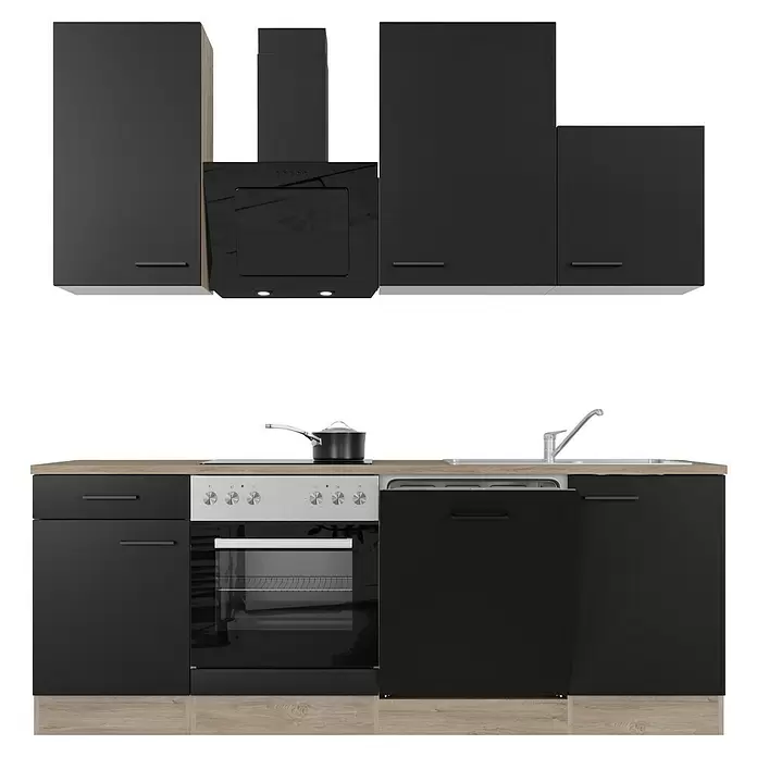 Flex-Well Küchenzeile Capri Typ 2 - Breite: 220 cm, Schwarz, Mit Elektrogeräten, Farbe Dunstabzugshaube: Schwarz - Moderne schwarze Küche mit hellen Holzfronten, inklusive Schränken, Ofen, Herd, Spüle und Geschirrspüler.