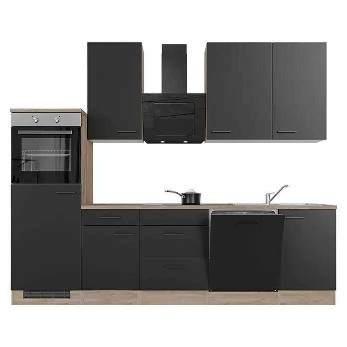 Flex-Well Küchenzeile Capri - Breite: 280 cm, Schwarz, Mit Elektrogeräten - Moderne dunkelgraue Küchenzeile mit hellen Holzdetails, integriertem Backofen, Kochfeld, Spüle, Geschirrspüler und Dunstabzugshaube.