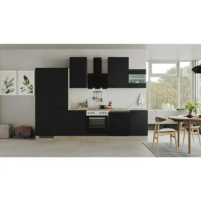 Flex-Well Küchenzeile Capri - Breite: 310 cm, Schwarz, Mit Elektrogeräten - Moderne Küche mit schwarzen Schränken, hellem Holzboden und Akzenten. Die Küche ist gut ausgestattet und bietet viel Stauraum und Arbeitsfläche.