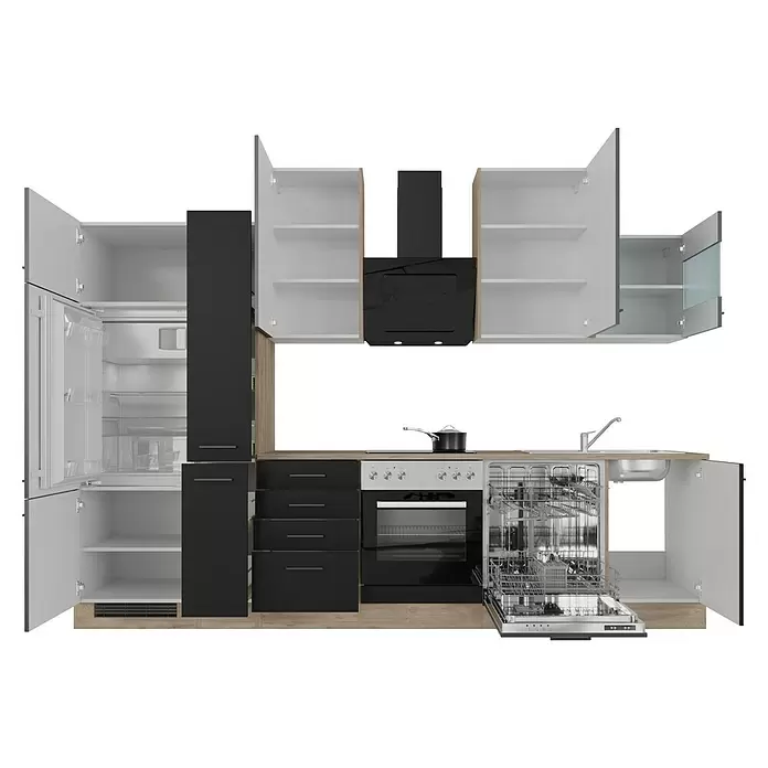 Flex-Well Küchenzeile Capri - Breite: 310 cm, Schwarz, Mit Elektrogeräten - Moderne schwarz-weiße Küche mit Holzoptik-Akzenten, offenem Kühlschrank, Geschirrspüler und Schränken.