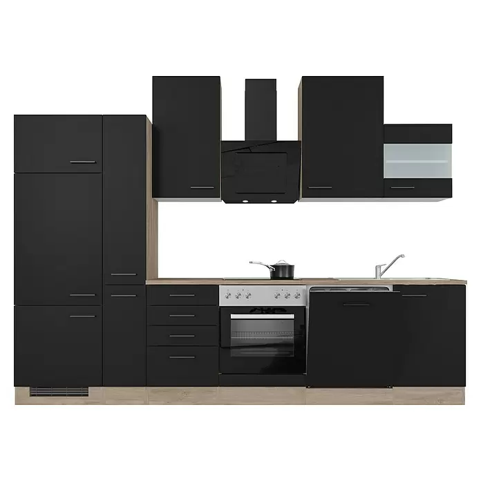 Flex-Well Küchenzeile Capri - Breite: 310 cm, Schwarz, Mit Elektrogeräten - Moderne schwarze Küche mit hellen Holzdetails, integriertem Ofen, Kochfeld, Dunstabzugshaube, Spüle und Geschirrspüler.