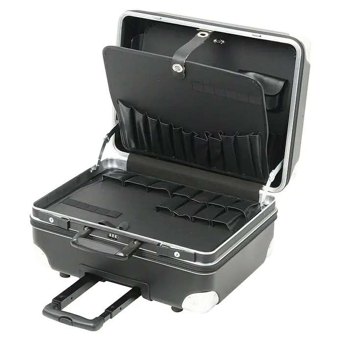 Hepco & Becker Werkzeugkoffer Robust 5770 - L x B x H: 430 x 510 x 300 mm, High Density Polyethylen (HDPE) - Offener, schwarzer Rollkoffer mit silbernen Akzenten, ideal für Kosmetik oder Werkzeug, mit Fächern und Teleskopgriff.