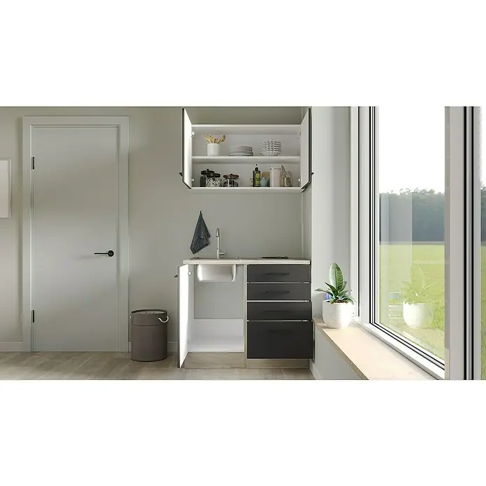 Flex-Well Miniküche Capri - Breite: 100 cm, Schwarz, Mit Elektrogeräten - Einbauküche mit Spüle und viel Stauraum, ideal für kleine Räume. Die weißen und grauen Farben wirken modern und einladend.