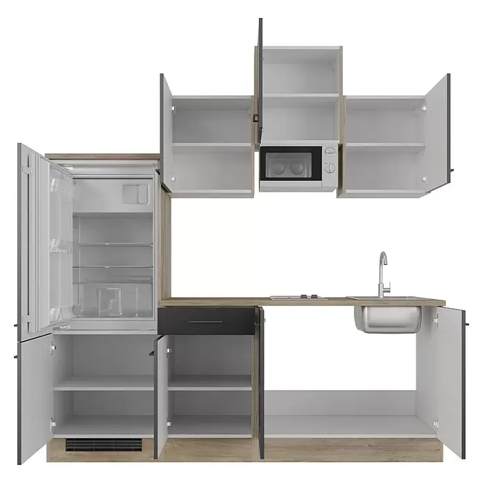 Flex-Well Singleküche Capri - Breite: 210 cm, Schwarz, Mit Elektrogeräten, Mit Mikrowelle - Kompakte Küchenzeile mit hellen Holz- und weißen Schränken, Kühlschrank, Mikrowelle und Spüle.