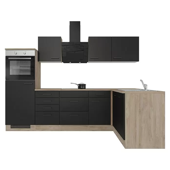Flex-Well Winkelküche Capri - B x T: 280 x 170 cm, Schwarz, Mit Elektrogeräten, Edelstahlspüle - Moderne Eckküche mit dunkelgrauen Schränken und hellen Holz-Arbeitsplatten, inkl. Backofen, Kochfeld, Spüle und Dunstabzugshaube.