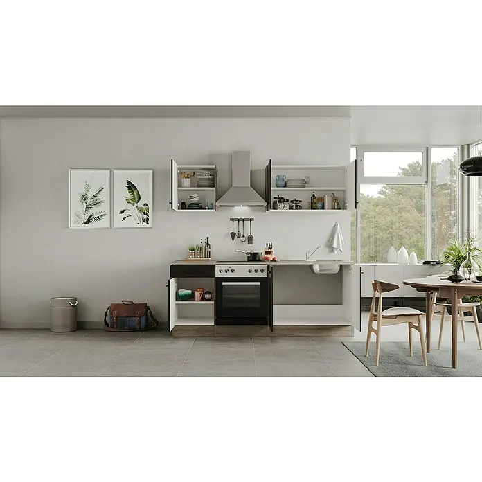Flex-Well Singleküche Capri - Breite: 210 cm, Schwarz, Mit Elektrogeräten - Helle Küche mit Küchenschränken in Weiß und Naturholz, Herd und Esstisch mit Stühlen. Ideal für kleine Räume.