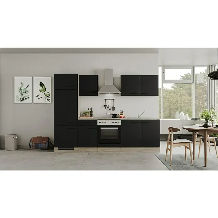 Flex-Well Küchenzeile Capri - Breite: 270 cm, Schwarz, Mit Elektrogeräten - Moderne Küche mit schwarzen Schränken, einer Dunstabzugshaube aus Edelstahl und einem Esstisch mit Stühlen. Das Küchen-Design ist stilvoll und funktional.
