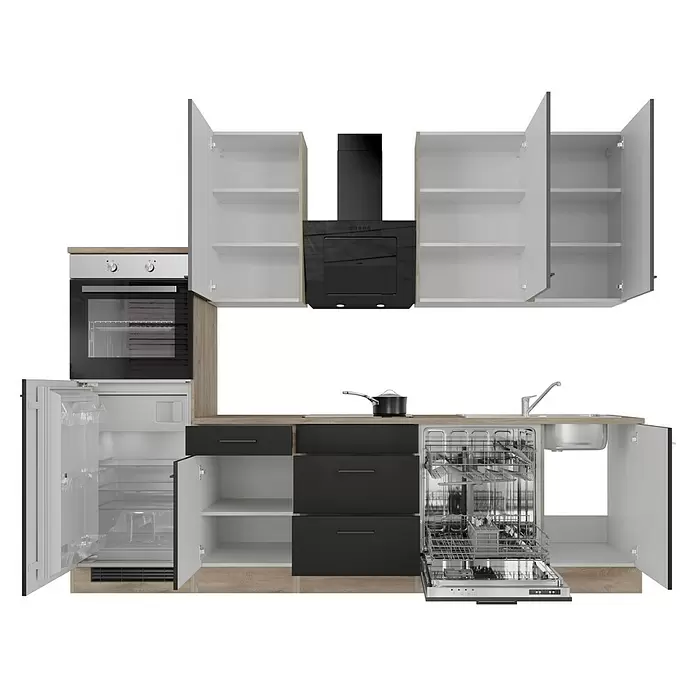Flex-Well Küchenzeile Capri - Breite: 280 cm, Schwarz, Mit Elektrogeräten - Moderne modulare Küche in Holzoptik und Schwarz/Weiß, mit offenen Schränken, integriertem Kühlschrank, Backofen, Geschirrspüler, Spüle und Dunstabzugshaube.