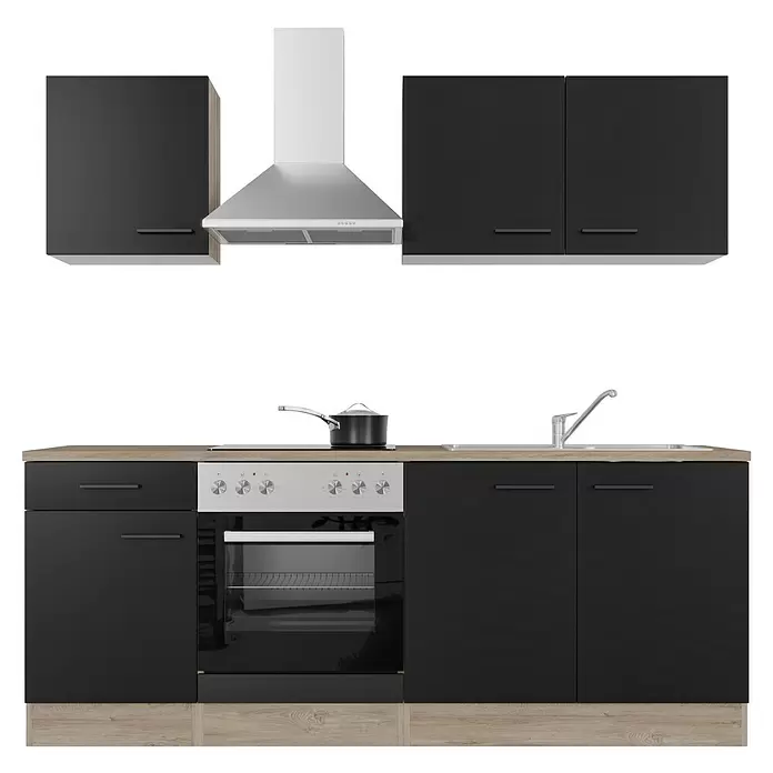 Flex-Well Singleküche Capri - Breite: 210 cm, Schwarz, Mit Elektrogeräten - Moderne schwarze Küchenzeile mit heller Holzplatte, integriertem Ofen, Kochfeld, Spüle und silberner Dunstabzugshaube.