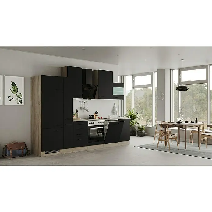 Flex-Well Küchenzeile Capri - Breite: 310 cm, Schwarz, Mit Elektrogeräten - Moderne Küche mit schwarzen Schränken und Holzakzenten, helles Esszimmer im Hintergrund.