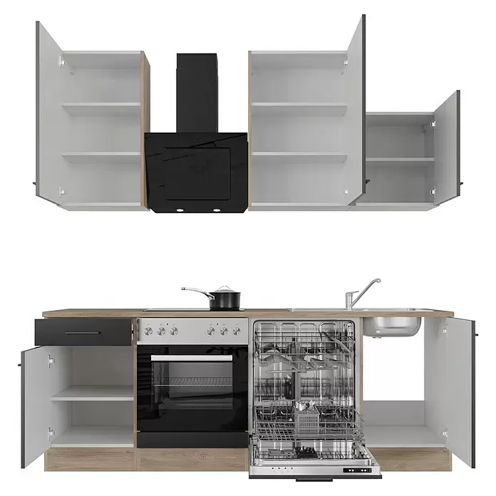 Flex-Well Küchenzeile Capri Typ 2 - Breite: 220 cm, Schwarz, Mit Elektrogeräten, Farbe Dunstabzugshaube: Schwarz - Moderne modulare Küche mit weißen und holzfarbenen Schränken, schwarzem Backofen, Dunstabzugshaube, geöffnetem Geschirrspüler und Schranktüren.