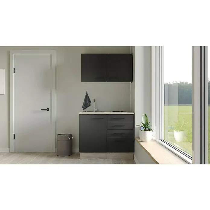 Flex-Well Miniküche Capri - Breite: 100 cm, Schwarz, Mit Elektrogeräten - Modernes Waschbeckenunterschrank-Set in Schwarz und Weiß mit Schubladen, Hängeschränken, Armatur und Abfalleimer für das Badezimmer.
