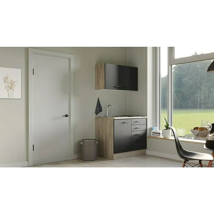 Flex-Well Miniküche Capri - Breite: 100 cm, Schwarz, Mit Elektrogeräten - Eine moderne Küchenzeile mit Spüle, Unterschränken und Hängeschränken in Holz- und Anthrazitoptik vor einem hellen Hintergrund.