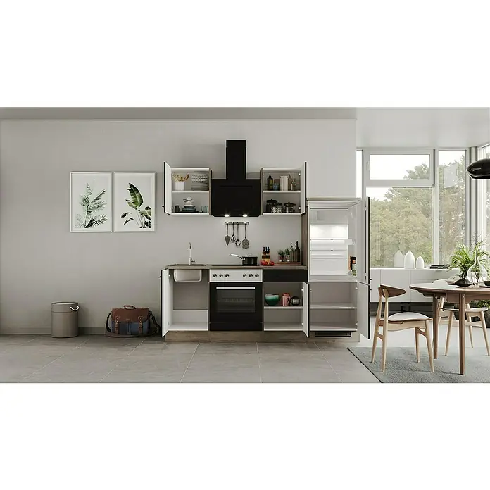 Flex-Well Küchenzeile Capri Typ 1 - Breite: 220 cm, Schwarz, Mit Elektrogeräten, Farbe Dunstabzugshaube: Schwarz - Dieses Bild zeigt eine moderne Küche mit weißen Schränken und Schubladen, einem schwarzen Herd und Kühlschrank sowie einem Esstisch mit Stühlen.