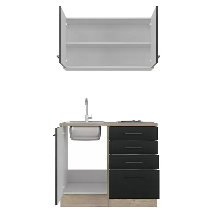 Flex-Well Miniküche Capri - Breite: 100 cm, Schwarz, Mit Elektrogeräten - Modulare Küchenzeile mit offenem grauen Oberschrank und Unterschrank mit Spüle, Armatur und schwarzen Schubladen.
