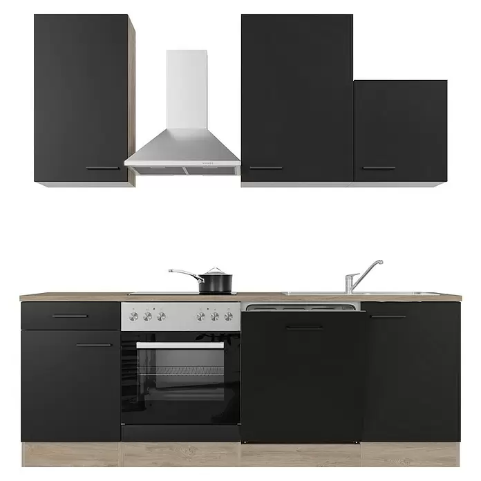 Flex-Well Küchenzeile Capri Typ 2 - Breite: 220 cm, Schwarz, Mit Elektrogeräten, Farbe Dunstabzugshaube: Silber - Moderne dunkelgraue Küchenzeile mit Holzoptik-Akzenten, integriertem Backofen, Kochfeld, Spüle und Dunstabzugshaube.