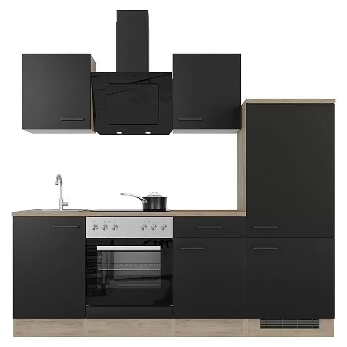 Flex-Well Küchenzeile Capri Typ 1 - Breite: 220 cm, Schwarz, Mit Elektrogeräten, Farbe Dunstabzugshaube: Schwarz - Moderne schwarze Küchenzeile mit heller Holzoptik-Arbeitsplatte, integrierter Spüle, Backofen, Kochfeld und Dunstabzugshaube.