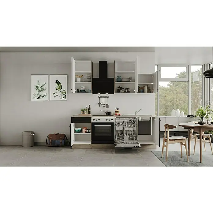 Flex-Well Küchenzeile Capri Typ 2 - Breite: 220 cm, Schwarz, Mit Elektrogeräten, Farbe Dunstabzugshaube: Schwarz - Küchenansicht mit offenem Geschirrspüler, Hängeschränken und Essbereich. Moderner Stil mit Grau- und Weißtönen.