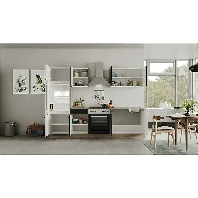 Flex-Well Küchenzeile Capri - Breite: 270 cm, Schwarz, Mit Elektrogeräten - Moderne Küche mit weißen Schränken, Edelstahlgeräten und Holzakzenten, die ein stilvolles und funktionales Design für kulinarische Erlebnisse bietet.